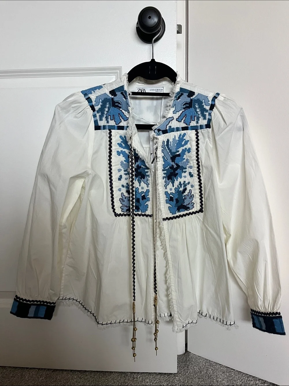 Zara White Blouse with Blue Embroidered Yoke